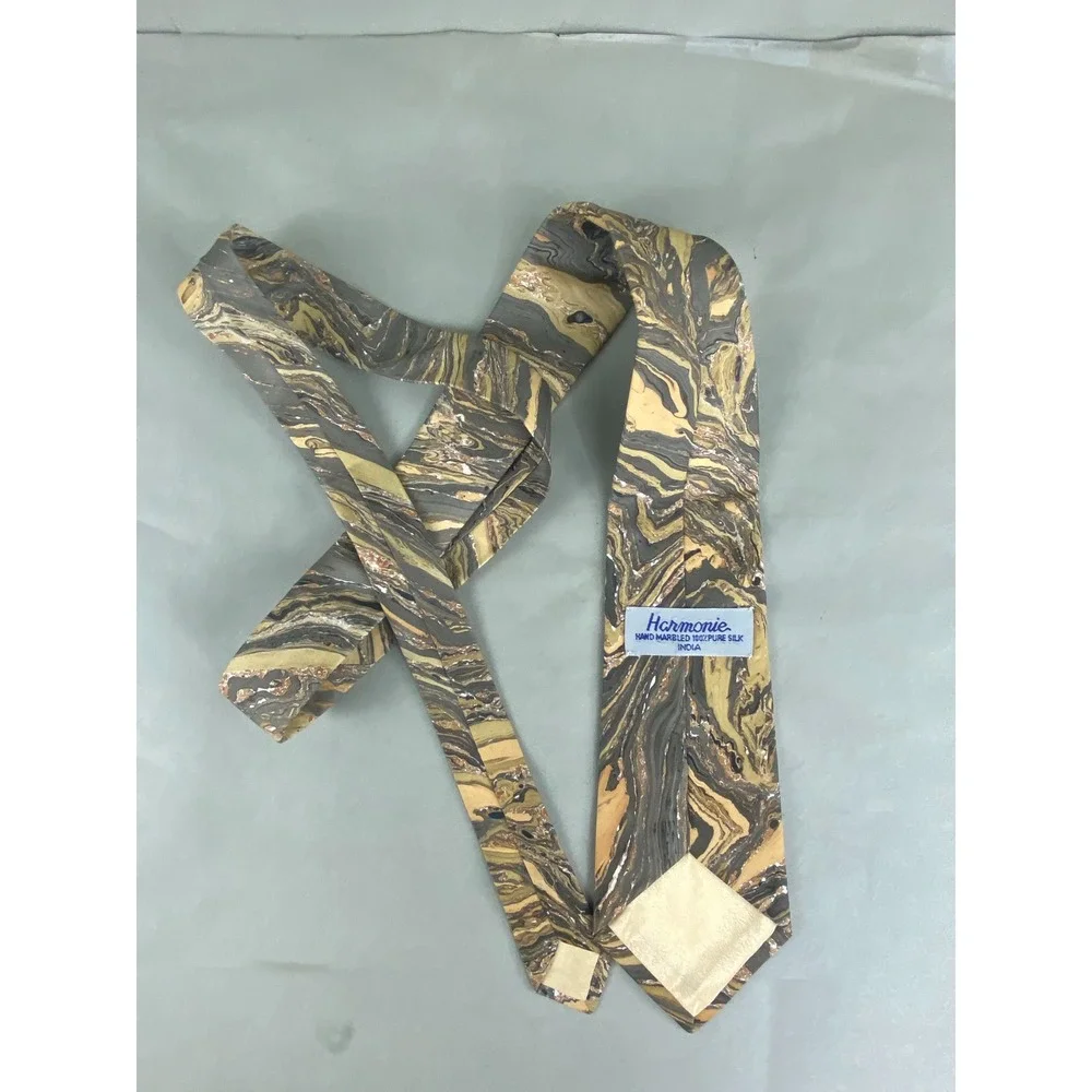Harmonie Mens Tie Hand Marbled Silk Abstract Swirl Earth Tones India 57x3.5